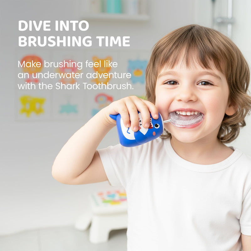 Well Before Ultrasonic Kid's U-Shaped Toothbrush – IPX7 Waterproof, 5 Cleaning Modes (Shark Blue, Ages 2-7)