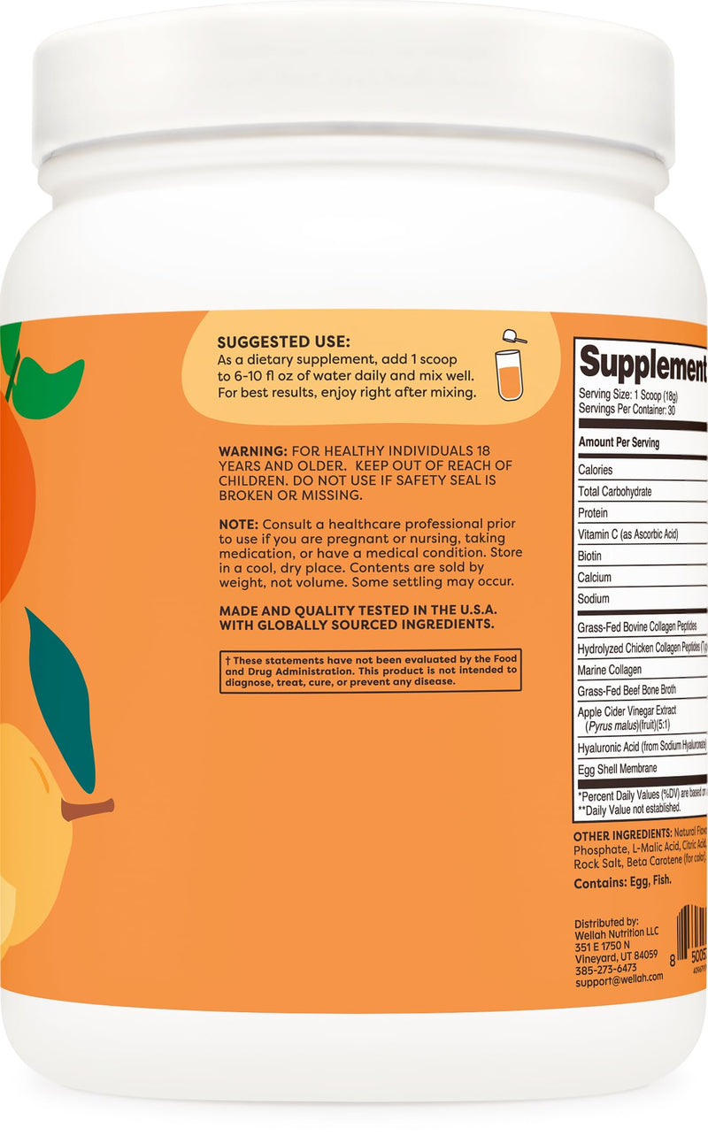 Wellah The Afterglow Multi Collagen Protein + Beauty – 30 Servings (Orange Mango) – Hair, Skin, Nails & Joints | Non-GMO, Gluten Free