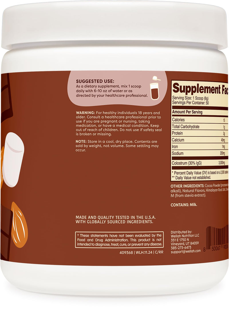 Wellah Colostrum Rocky Road Flavored (50 Servings) – 3g Colostrum Per Serving, Stevia-Sweetened Dietary Supplement
