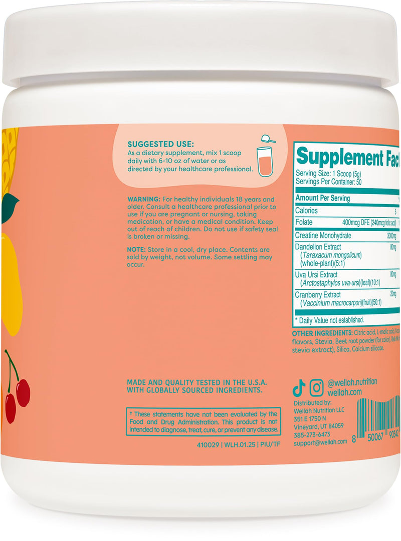 Wellah Creatine for Women (50 Servings) – Creatine Monohydrate with Dandelion & Cranberry Extract | Tropical Punch