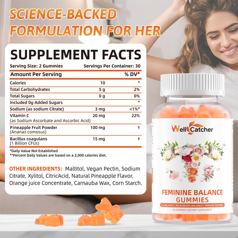 Wellcatcher Premium Feminine Balance Gummies for Women | Pineapple Probiotic & pH Support (60 Count)