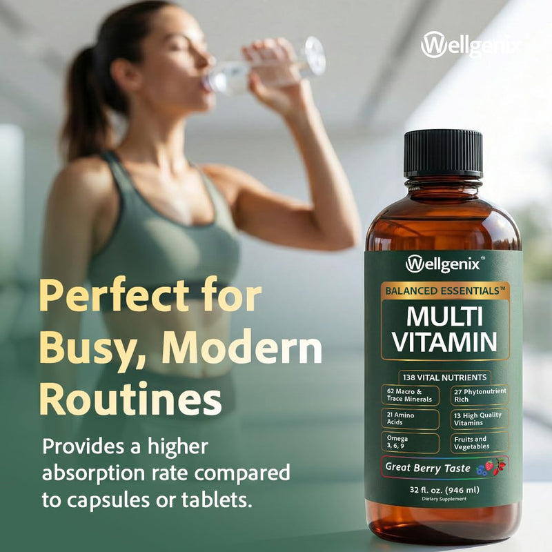 Wellgenix Balanced Essentials Plus Liquid Multivitamin — Berry Flavor, Daily 1oz Dose, Immune Support