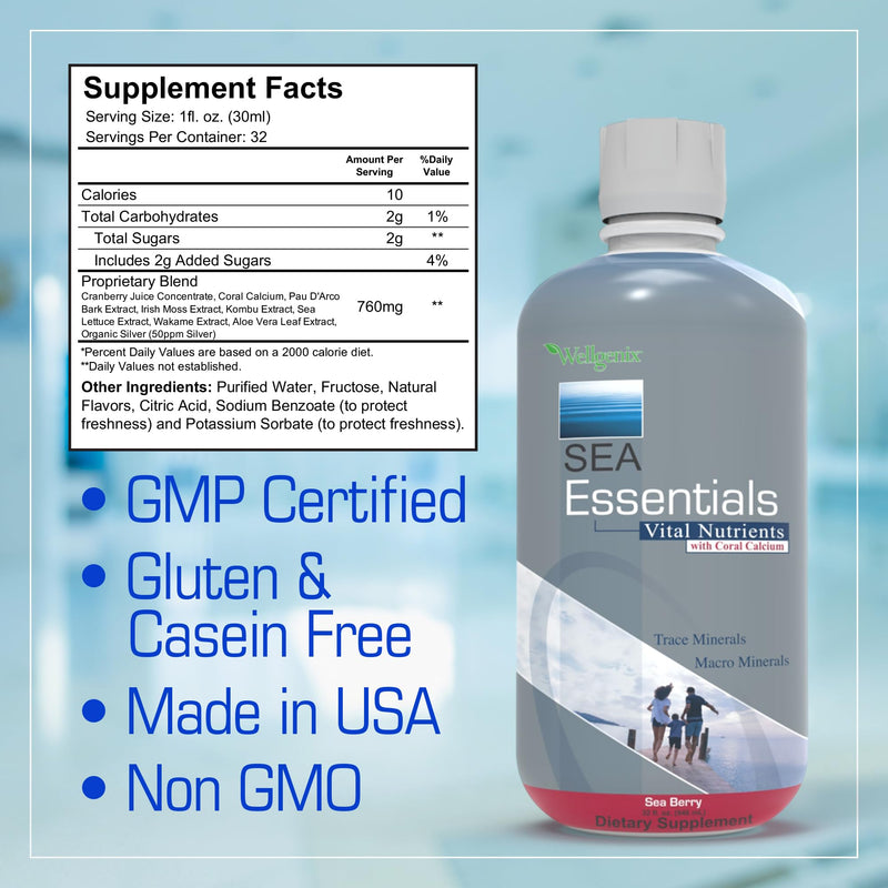 Wellgenix Sea Essentials Vital Nutrients – Coral Calcium Liquid Multivitamin, Sea Berry Flavor, 32oz