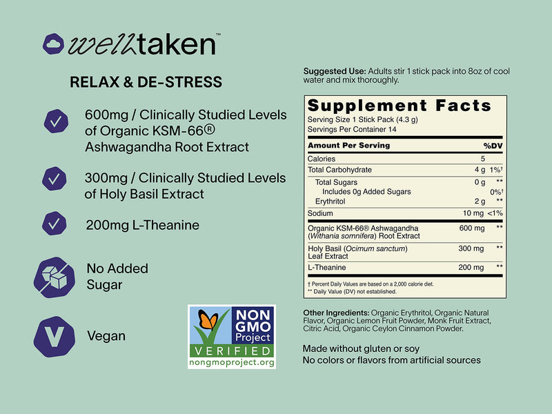 WellTaken Ashwagandha Relax & De-Stress Powder – Lemon Lavender (14 Servings)