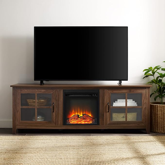 Large 70 Inch TV Stand with Electric Fireplace | Dark Walnut | Farmhouse Glass Door Cabinet