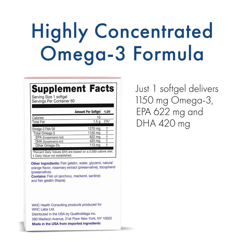 WHC UnoCardio X2 Fish Oil – 1270 mg Omega-3 (EPA 622 mg / DHA 420 mg), r-TG, 60 Softgels