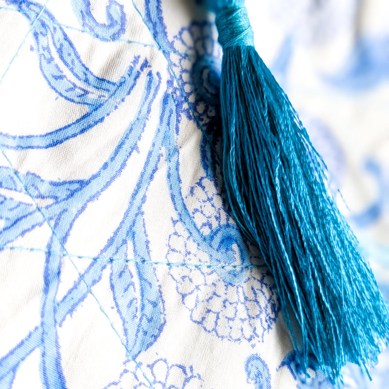Quilted Block-Printed Zipper Pouch with Tassel