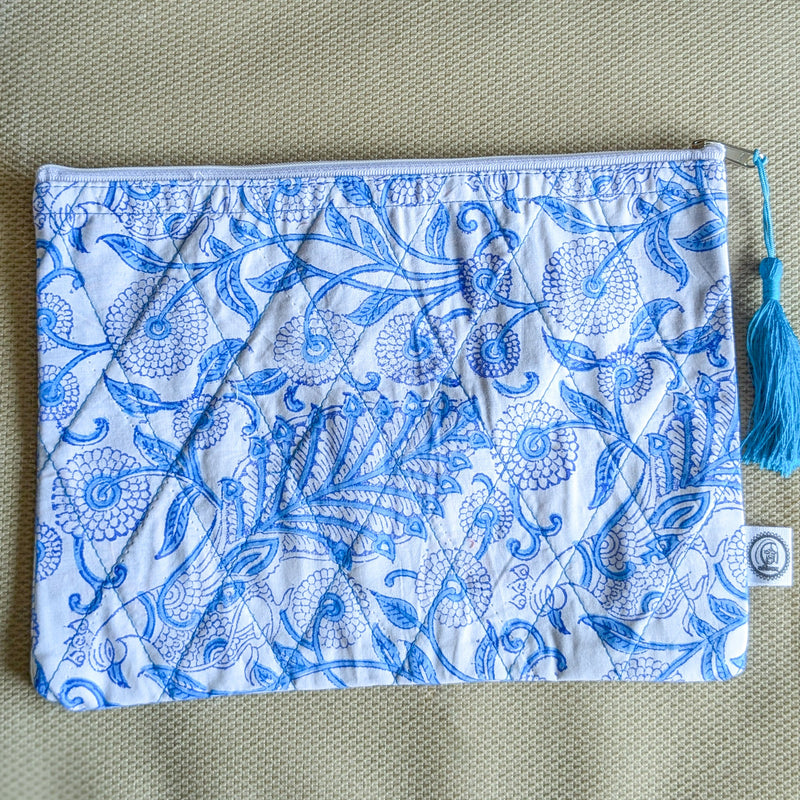 Quilted Block-Printed Zipper Pouch with Tassel