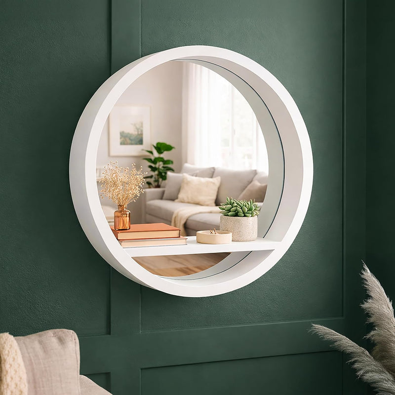 35cm White Round Wall Mirror with Shelf Porthole Design