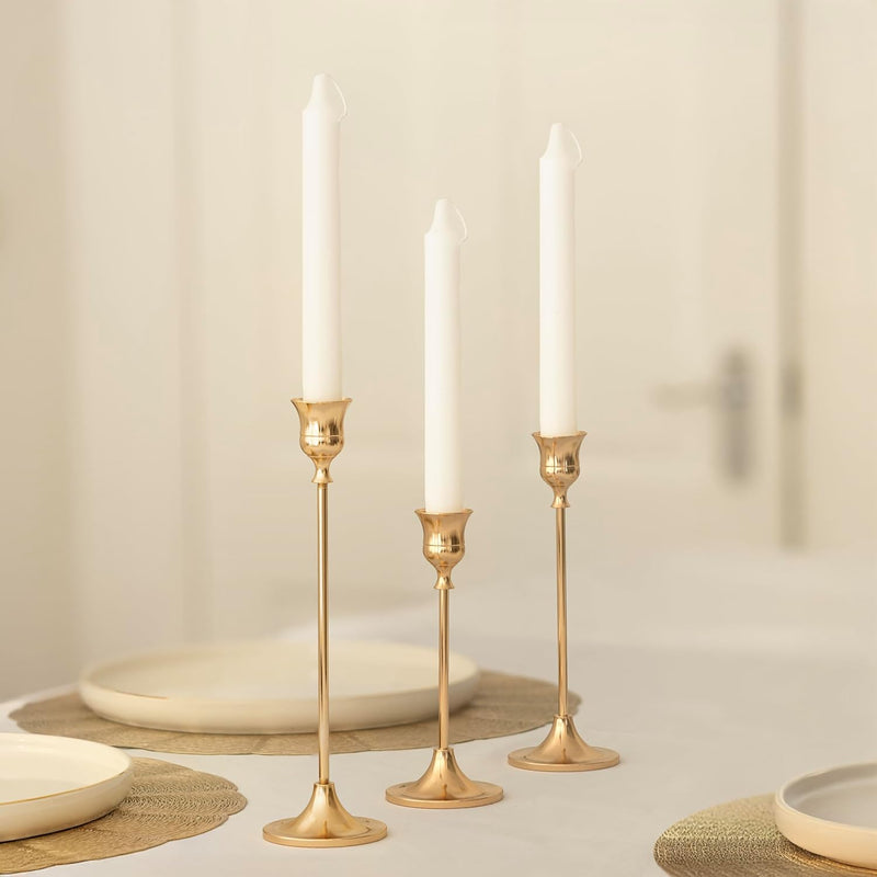 Gold Taper Candle Holders with White Candles Set