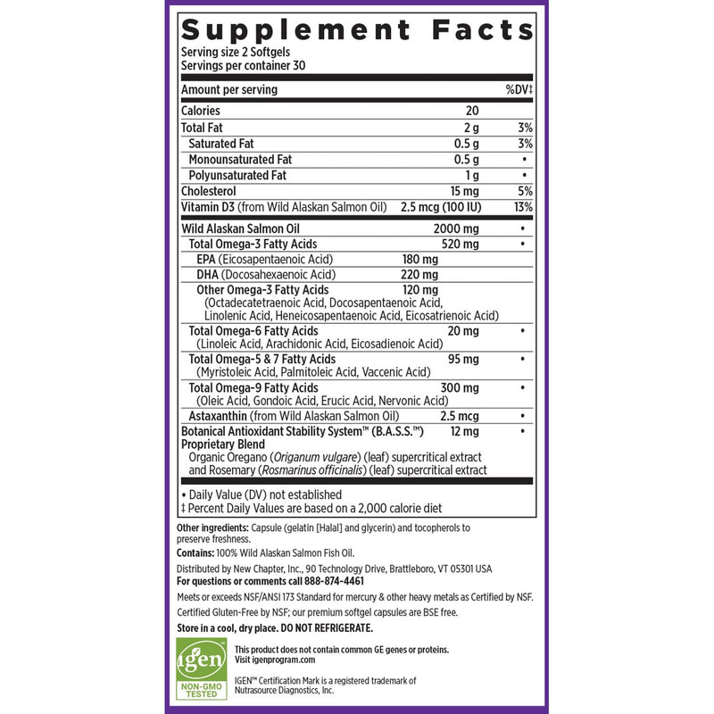 New Chapter Wholemega Fish Oil – 2000mg per Serving, Wild Alaskan Salmon Oil + Vitamin D3, 60 Softgels