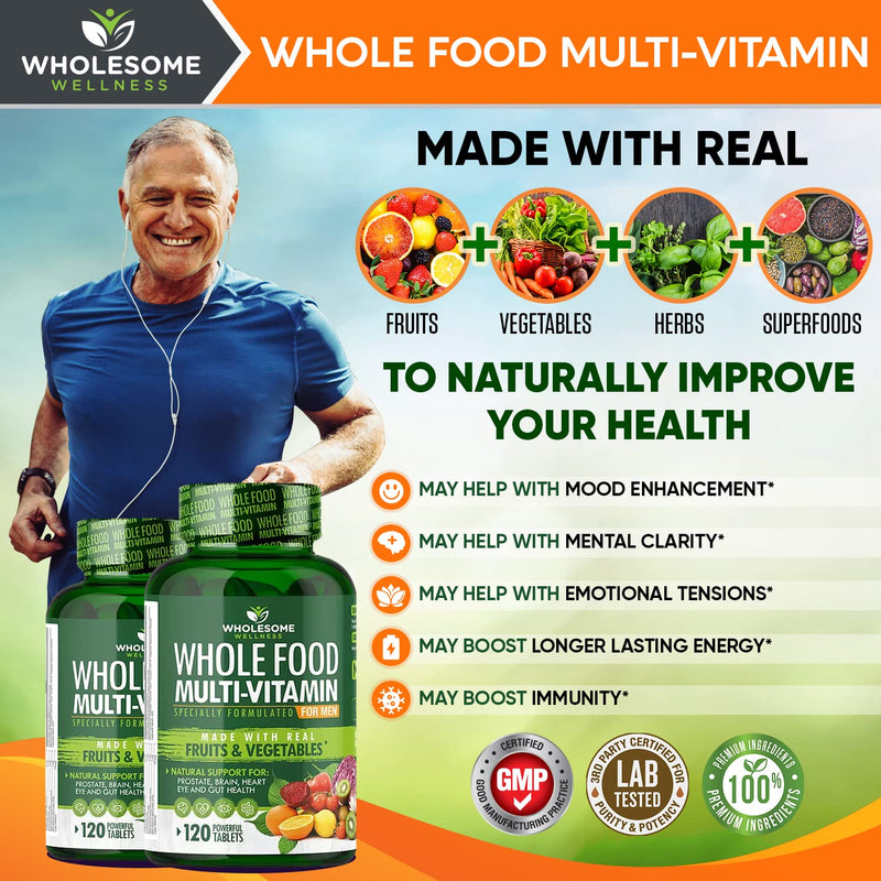 Wholesome Wellness Whole Food Multivitamin for Men – Vegan, Non-GMO, 120 Tablets