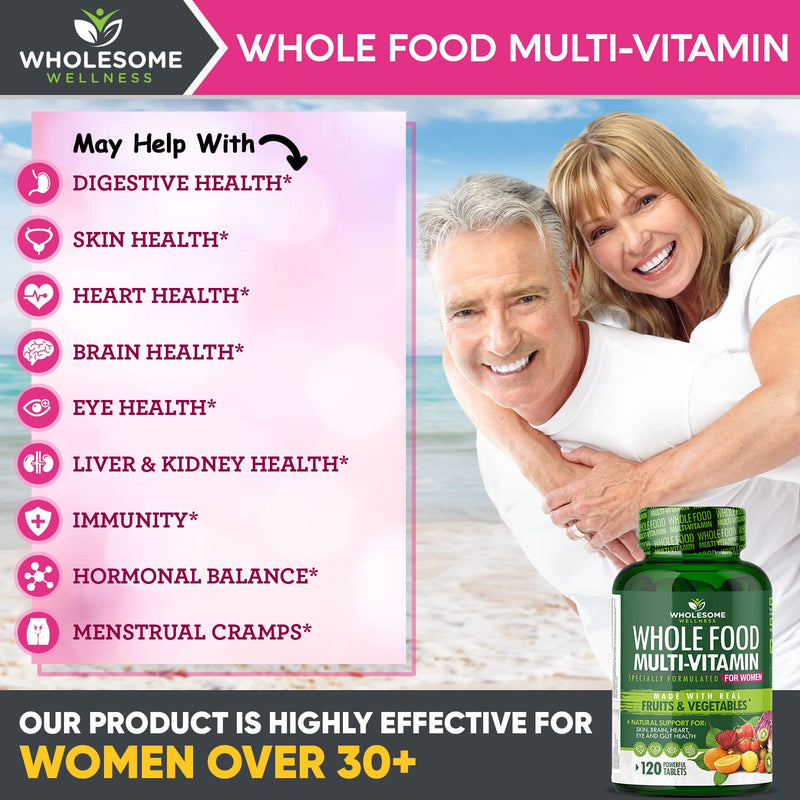 Wholesome Wellness Whole Food Multivitamin for Women - Natural Vitamins, Minerals, Organic Extracts - 120 Tablets