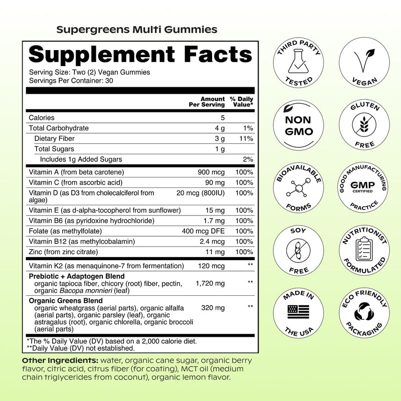 Wholier Supergreens Multi Gummies – Daily Greens with Prebiotics, Adaptogens & 9 Essential Vitamins | 60 Gummies