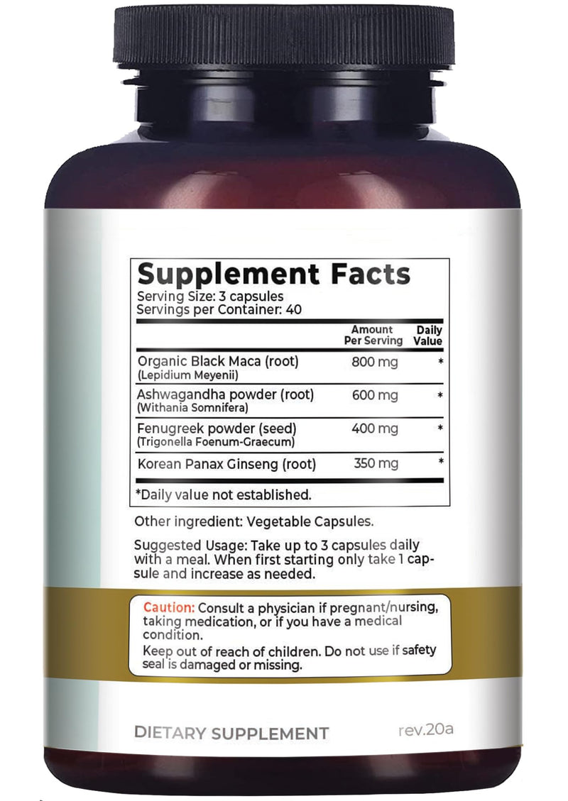 Why Not Natural 4-in-1 Organic Black Maca Root, Ashwagandha, Fenugreek, Panax Ginseng Capsules, Supplement for Men and Women