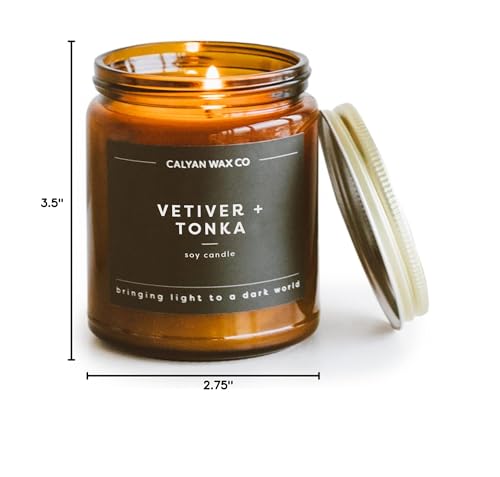 Calyan Wax Co. Vetiver & Tonka Candle - 57 Hour Burn, Non-Toxic Soy, Amber Glass Jar 7.2oz