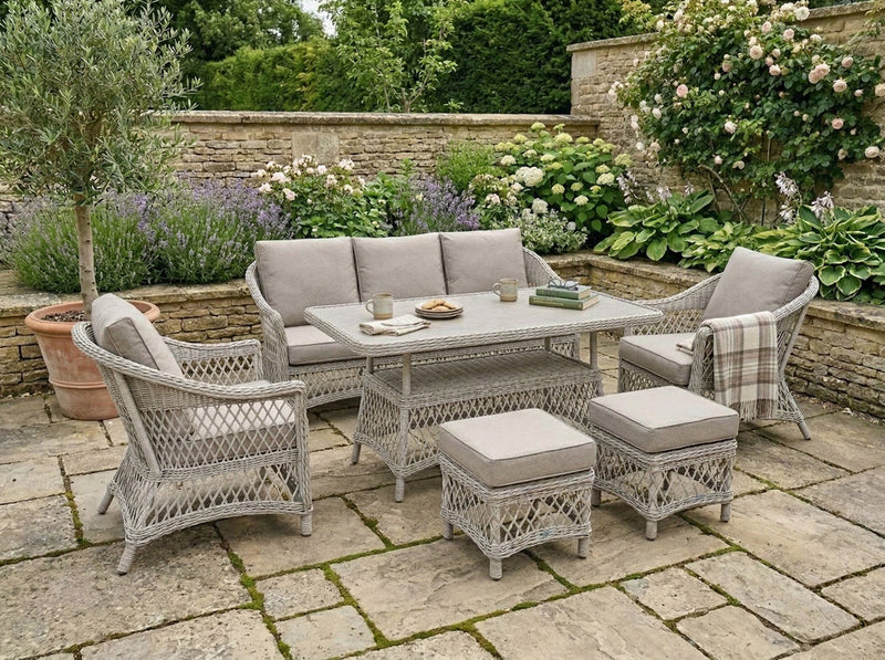 Cotswold Wicker 3 Seater Sofa Set with 2 Stools and Height Adjust Table
