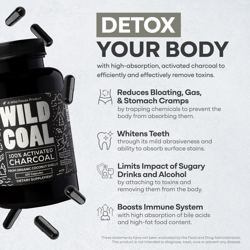 Wild Foods Activated Charcoal Capsules | 100% Organic Coconut Shells | USA Made & Lab Tested Detox Pills (Three Bottles - 120 Capsules)