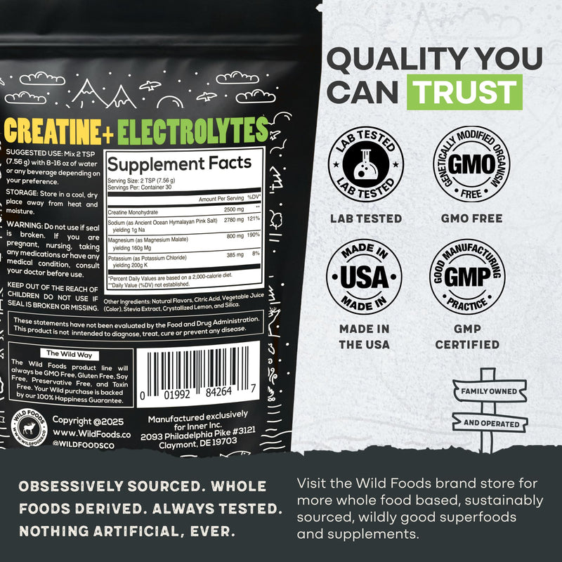 Wild Foods Creatine + Electrolytes Powder – Lemon & Lime (8 oz, 30 Servings) | 2.5 g Creatine