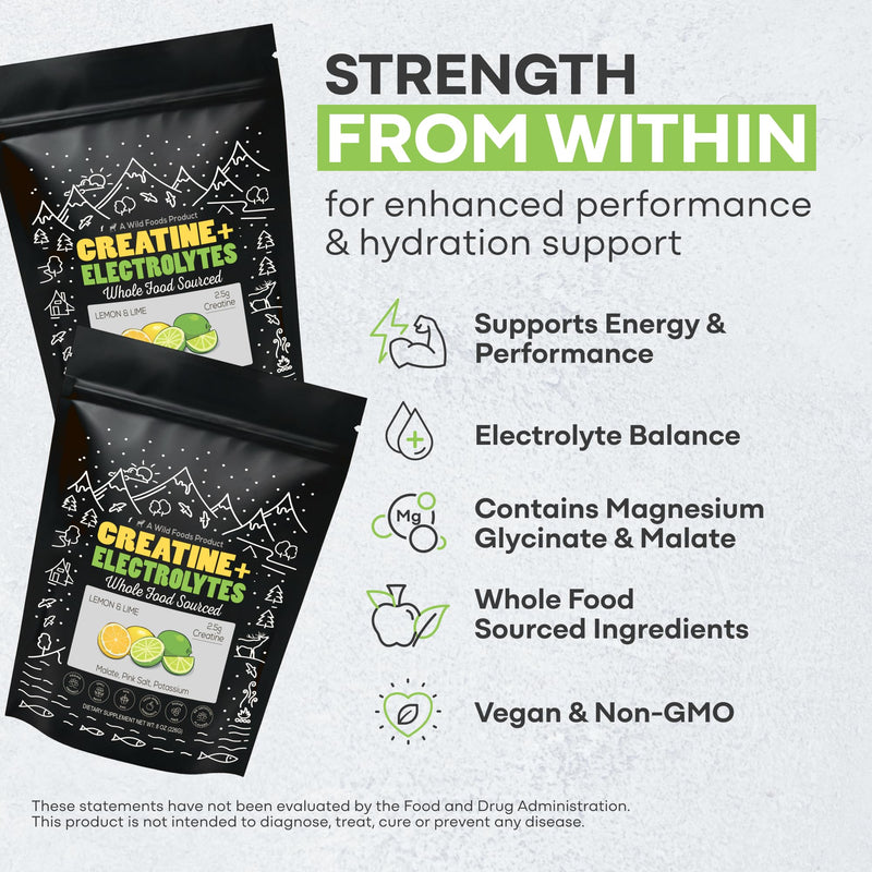 Wild Foods Creatine + Electrolytes Powder – Lemon & Lime (8 oz, 30 Servings) | 2.5 g Creatine