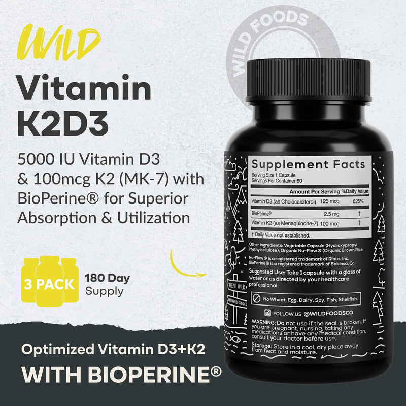Wild Foods 5000 IU Vitamin D3 + K2 MK-7 | Plant-Based, Non-GMO