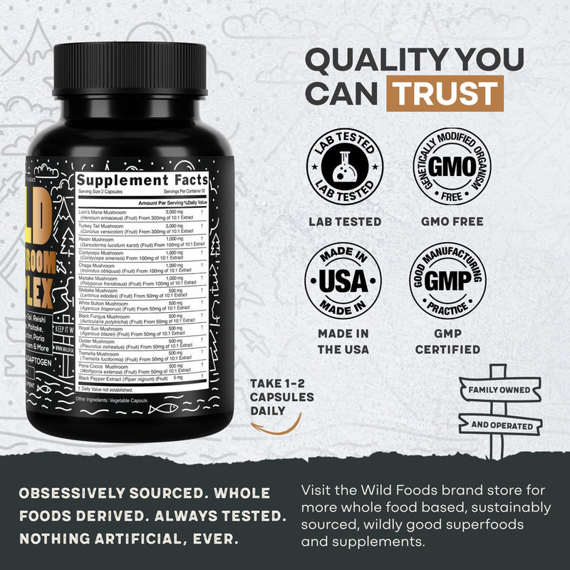 Wild Foods Premium Mushroom Complex - 13 Organic Mushrooms, 10:1 Extract, 60 Capsules