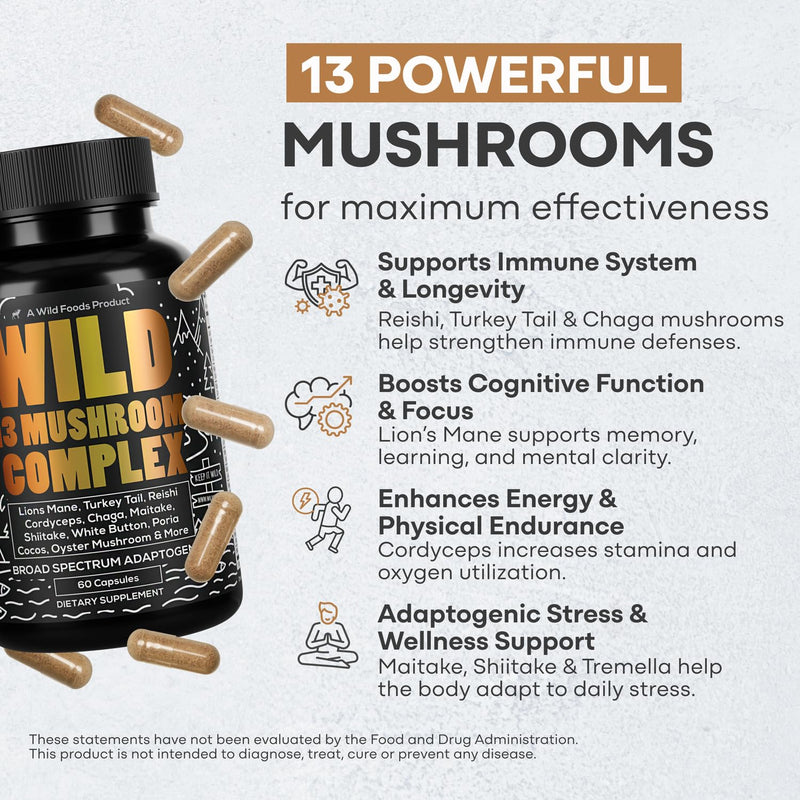 Wild Foods Premium Mushroom Complex - 13 Organic Mushrooms, 10:1 Extract, 60 Capsules