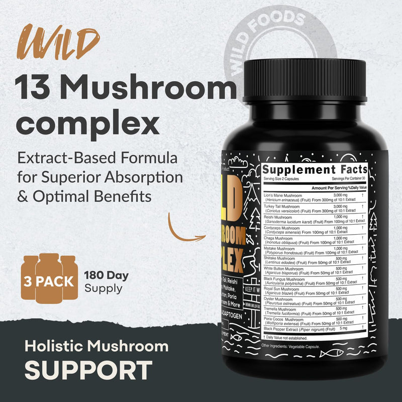 Wild Foods Premium Mushroom Complex - 13 Organic Mushrooms, 10:1 Extract, 60 Capsules
