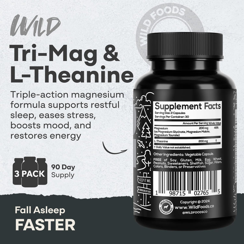 Wild Foods Tri-Mag & L-Theanine – Triple Magnesium Complex for Sleep & Relaxation | 60 Veg Capsules