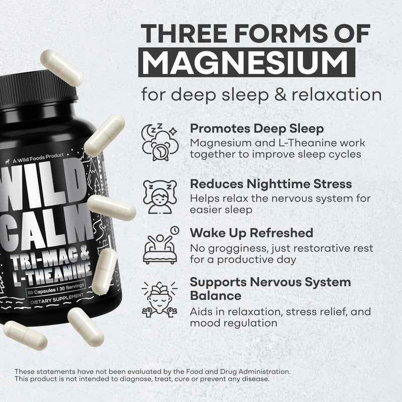 Wild Foods Tri-Mag & L-Theanine – Triple Magnesium Complex for Sleep & Relaxation | 60 Veg Capsules