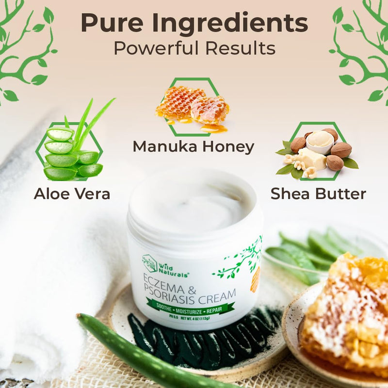 Wild Naturals Eczema & Psoriasis Cream — Manuka Honey + Aloe, Hydrating Lotion for Dry Skin (Adults & Kids)