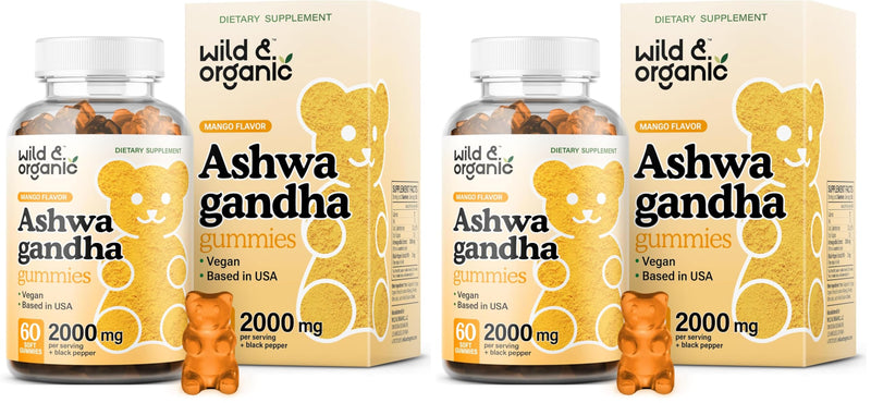 Wild & Organic Ashwagandha Gummies 2000mg – Mood Support Supplement (Pack of 2, 60 Vegan Chews)