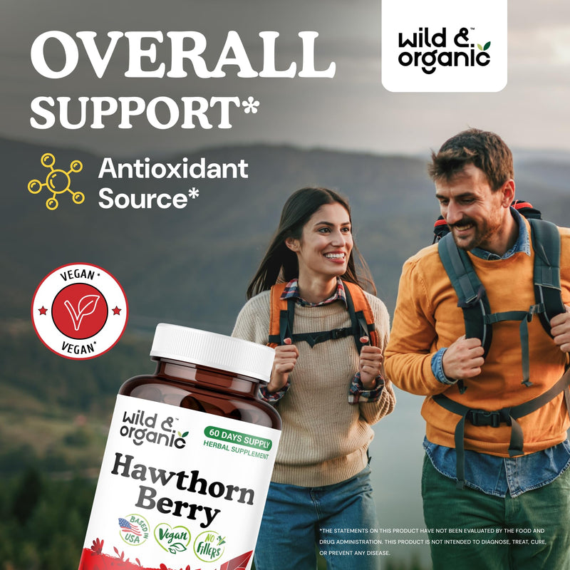 Wild & Organic Hawthorn Berry Capsules 1200 mg - 60-Day Vegan, Non-GMO | 120 Count