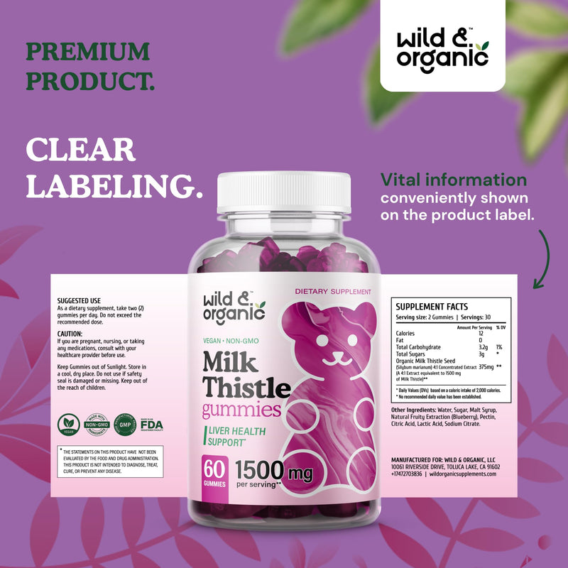 Wild & Organic Milk Thistle Gummies – Liver Detox 1500mg | 60 Vegan Chews (Pack of 2)