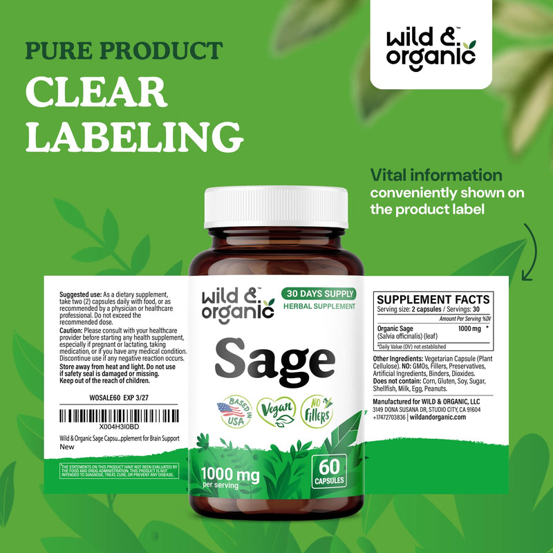 Wild & Organic Sage Capsules — 1000 mg Sage per Serving | Brain & Digestive Support