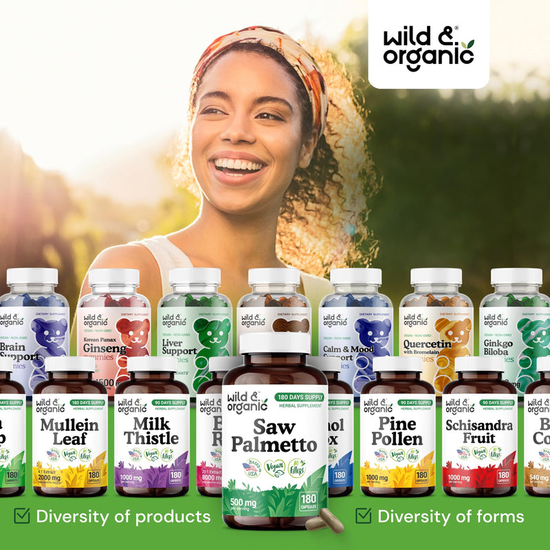 Wild & Organic Saw Palmetto Capsules 500 mg – Urinary Tract Support (180 Count) – Vegan, Non-GMO