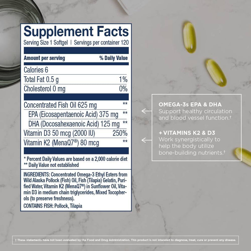 Wiley's Finest Wild Alaskan Fish Oil Vitamin K2 & D3 Softgels - 500mg EPA/DHA | 120 Servings