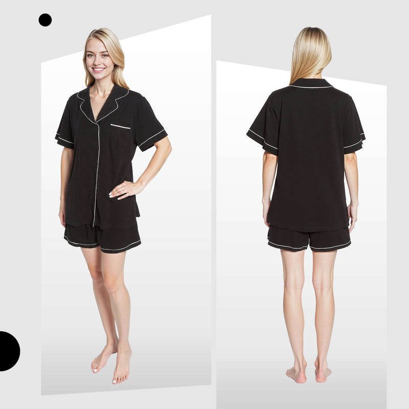 Women's Black Short Pyjama Set Super Soft Sleepwear Nightwear Button Up Top and Shorts with Pockets PJs by Daisy Dreamer