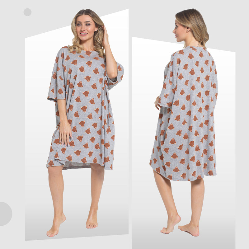 Women's Highland Cow Cream Baggy Nighty Dress Oversized T-Shirt Nighties 100% Cotton Short Sleeved Nightshirt for Ladies by Daisy Dreamer