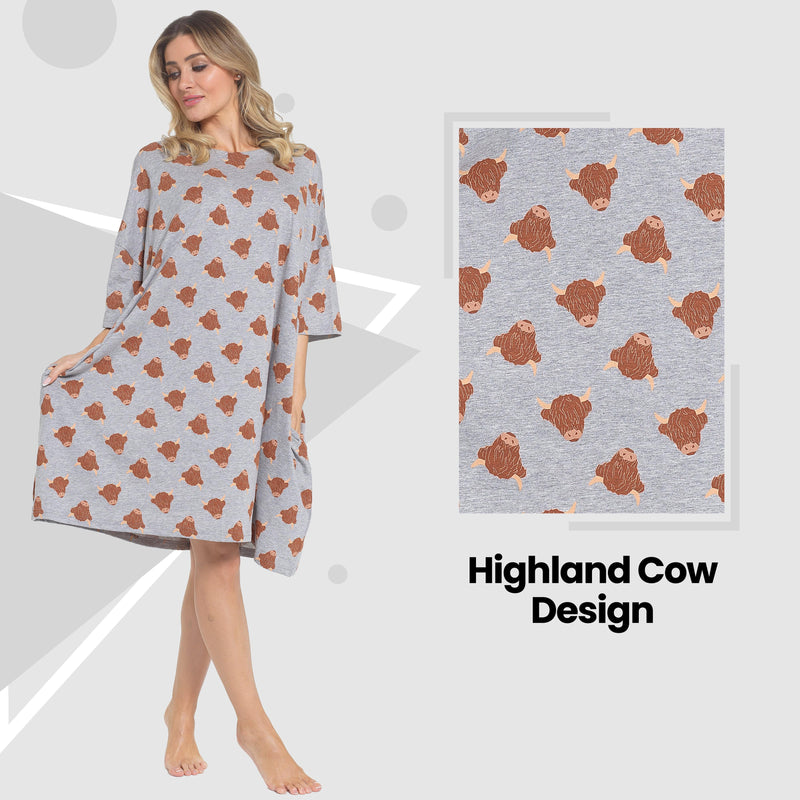 Women's Highland Cow Cream Baggy Nighty Dress Oversized T-Shirt Nighties 100% Cotton Short Sleeved Nightshirt for Ladies by Daisy Dreamer
