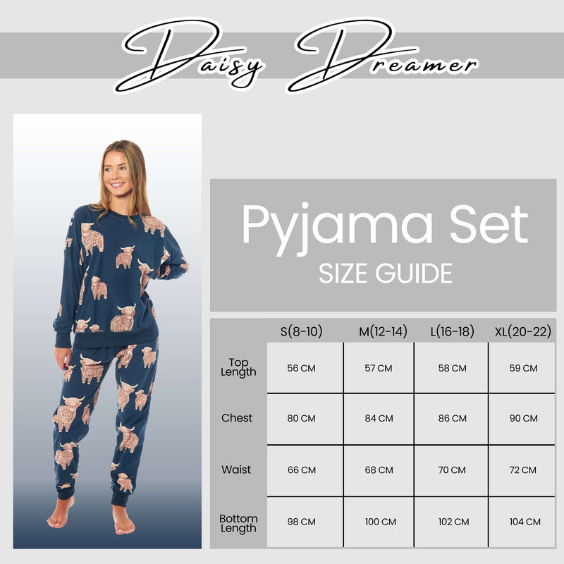 Women's Highland Cow Printed Soft Fleece Pyjama Set Long Sleeve Animal Warm PJs Loungewear Sleepwear for Ladies by Daisy Dreamer