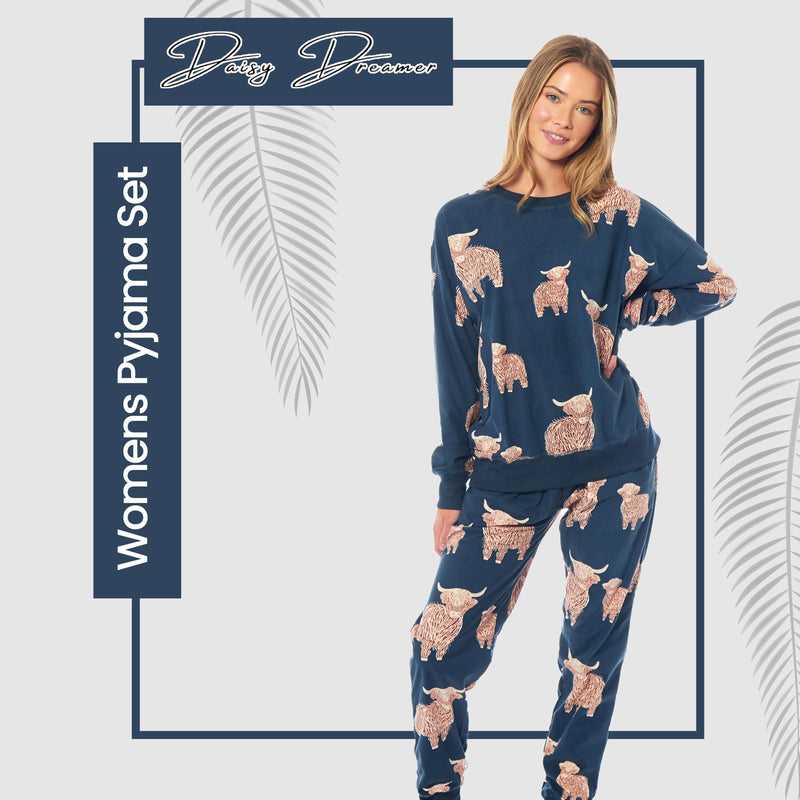 Women's Highland Cow Printed Soft Fleece Pyjama Set Long Sleeve Animal Warm PJs Loungewear Sleepwear for Ladies by Daisy Dreamer