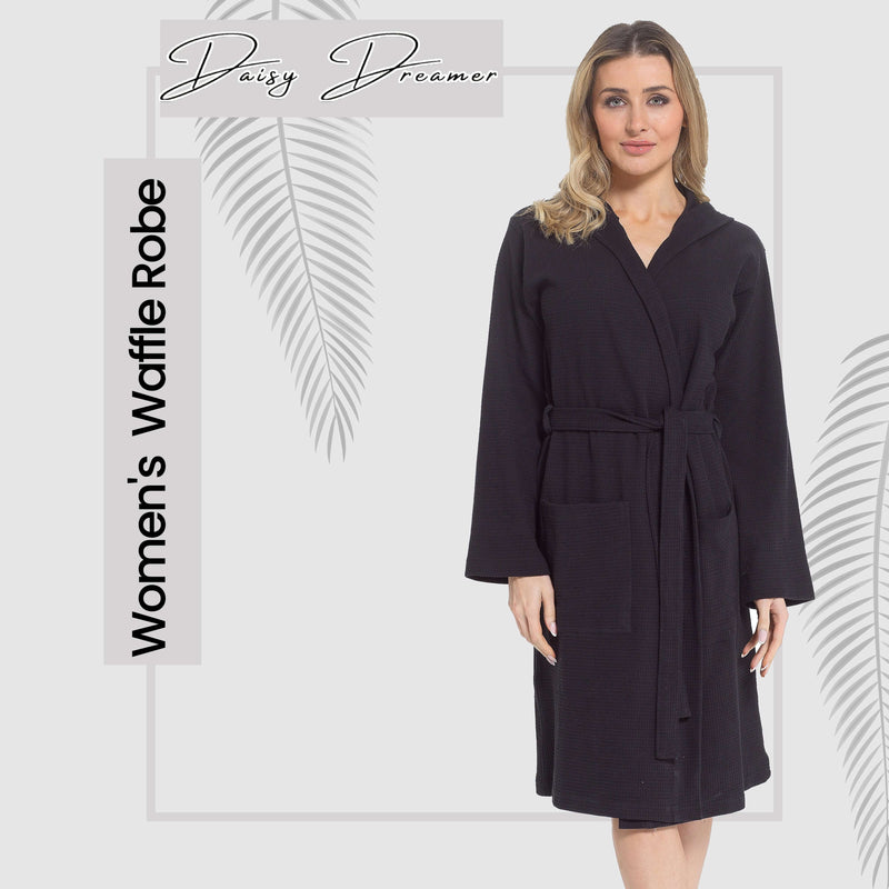 Women's Hooded Waffle Cotton Bathrobe Black Super Absorbent Spa Dressing Gown for Home Lounge & Travel by Daisy Dreamer