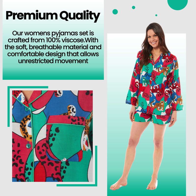 Women's Jaguar Jungle Leopard Print Short Pyjama Set Button Up Shorts Loungewear Sleepwear Soft Breathable Comfortable Stylish PJs Sizes S M L XL by Daisy Dreamer