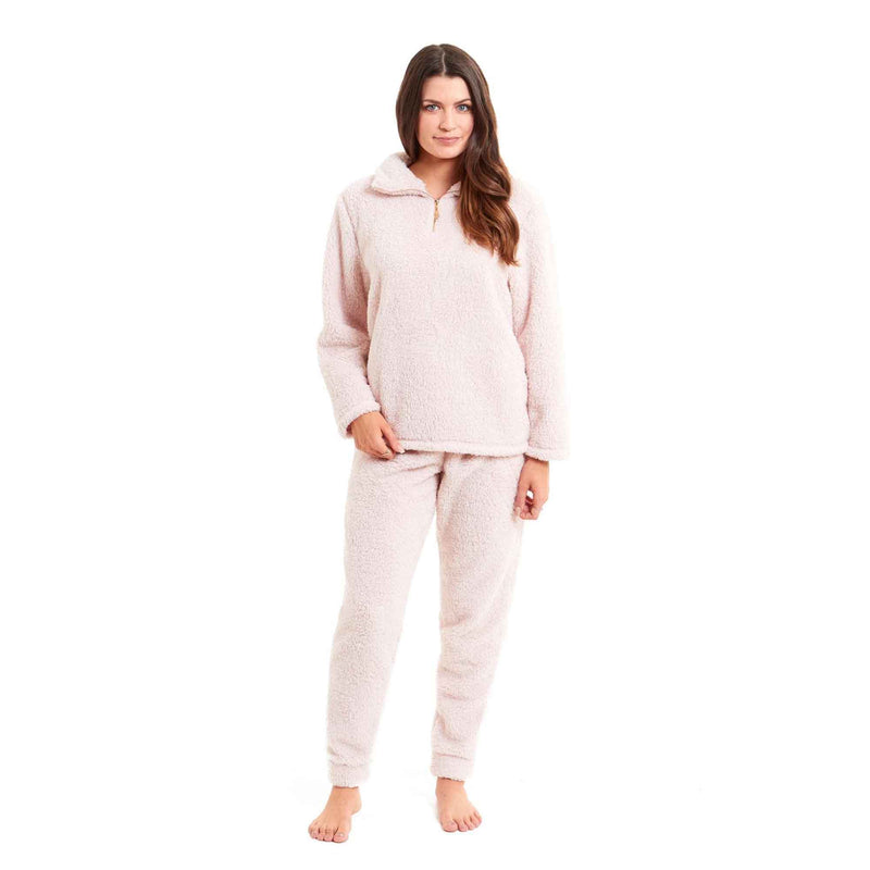 Women's Super Soft Teddy Fleece Loungewear Set Cozy Elasticated Waistband Pants and Zip Front Top in Pink Grey Cream Luxurious Nightwear by Daisy Dreamer