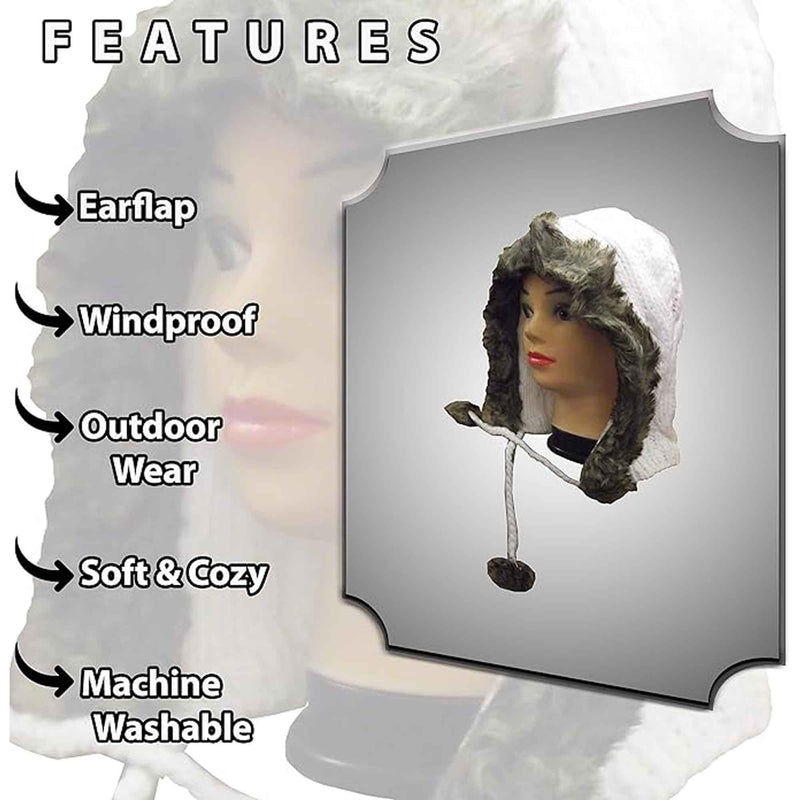 Women's Winter Chunky Knit Hood Hat with Faux Fur Trim and Pom Poms Warm Acrylic One Size Fits All in Cream Beige and Black by Sock Stack