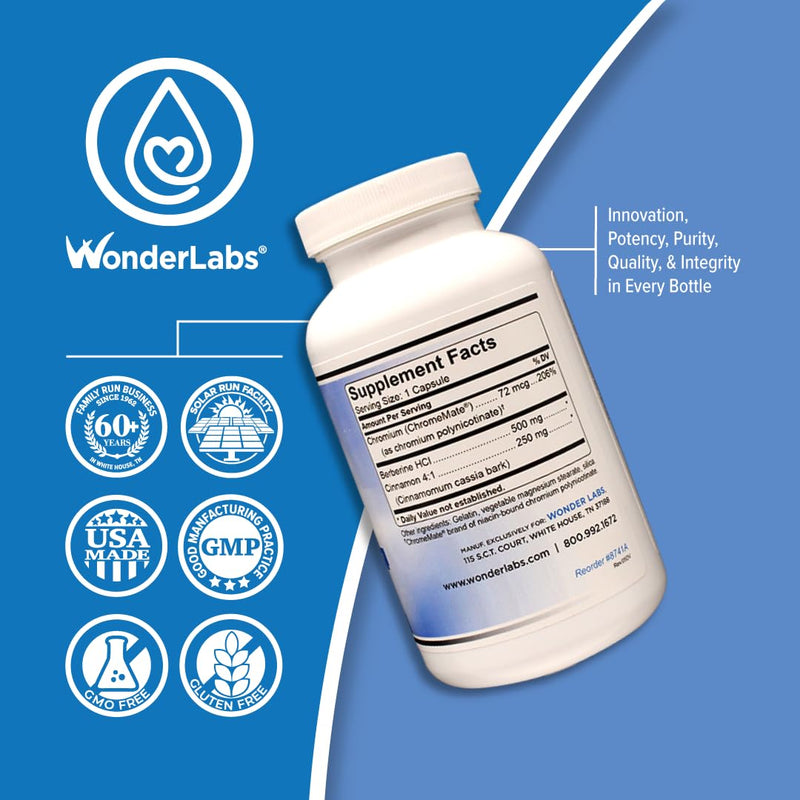 Wonder Laboratories Berberine HCL 1,500mg + Cinnamon, Chromium & Bioperine - Gluten & GMO Free | 60 Capsules