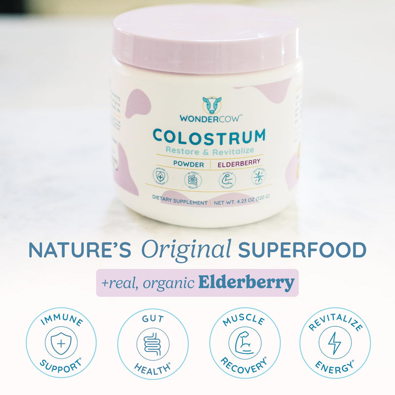 WONDERCOW Colostrum Powder for Gut Health, Immune Support & Recovery | Elderberry, 60 Servings