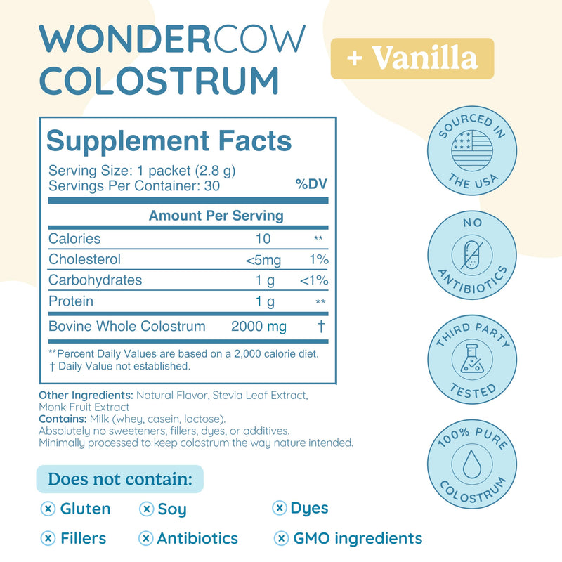 WonderCow Colostrum Powder Vanilla | Gut Health, Immunity & Muscle Recovery, 30 Servings