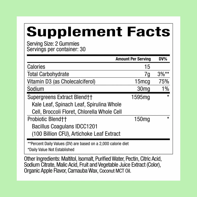 WonderGreens Veggie Gummies with Probiotics & Multivitamins – Green Apple, 60 Count